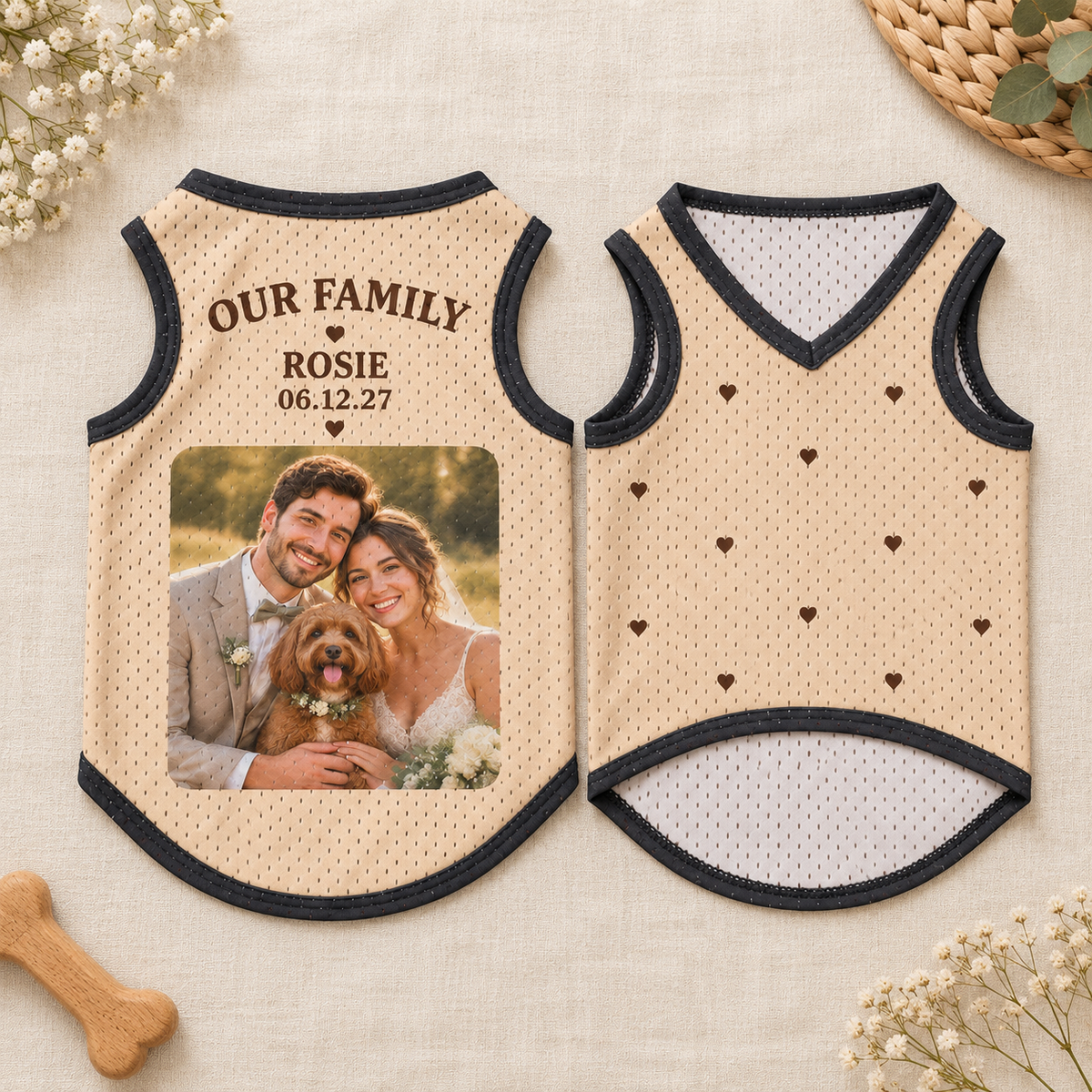 Our Family Photo Pet Jersey; front back overview. One Day for Lifetime