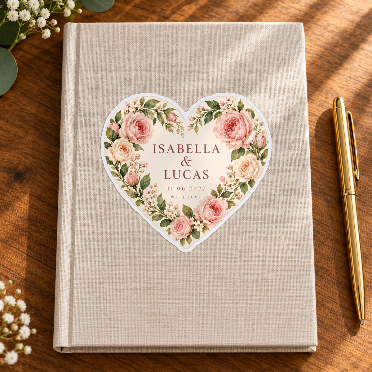 Blush Rose Heart personalized wedding sticker - keepsake notebook