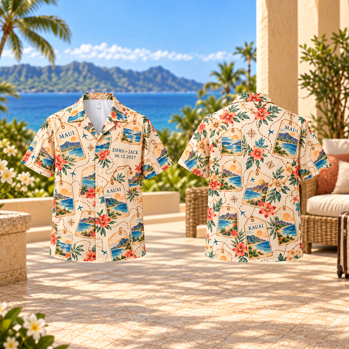Honeymoon Travel Journal Hawaiian Shirt; front back. One Day for Lifetime