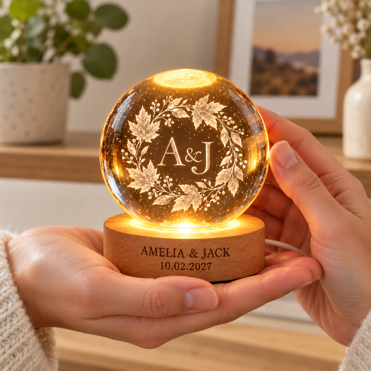 Autumn Wreath personalized crystal ball led keepsake - scale
