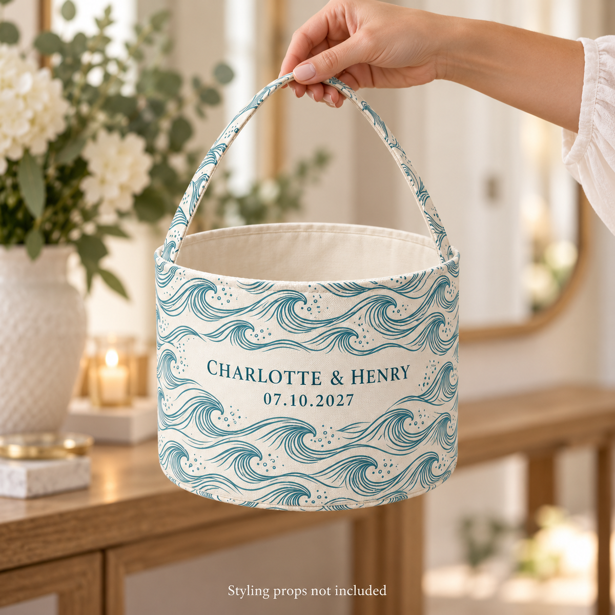 Teal Coastal Waves personalized fabric gift basket - home console