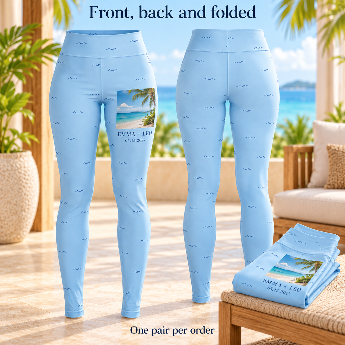 Honeymoon Postcard Personalized Leggings; front back display. One Day for Lifetime