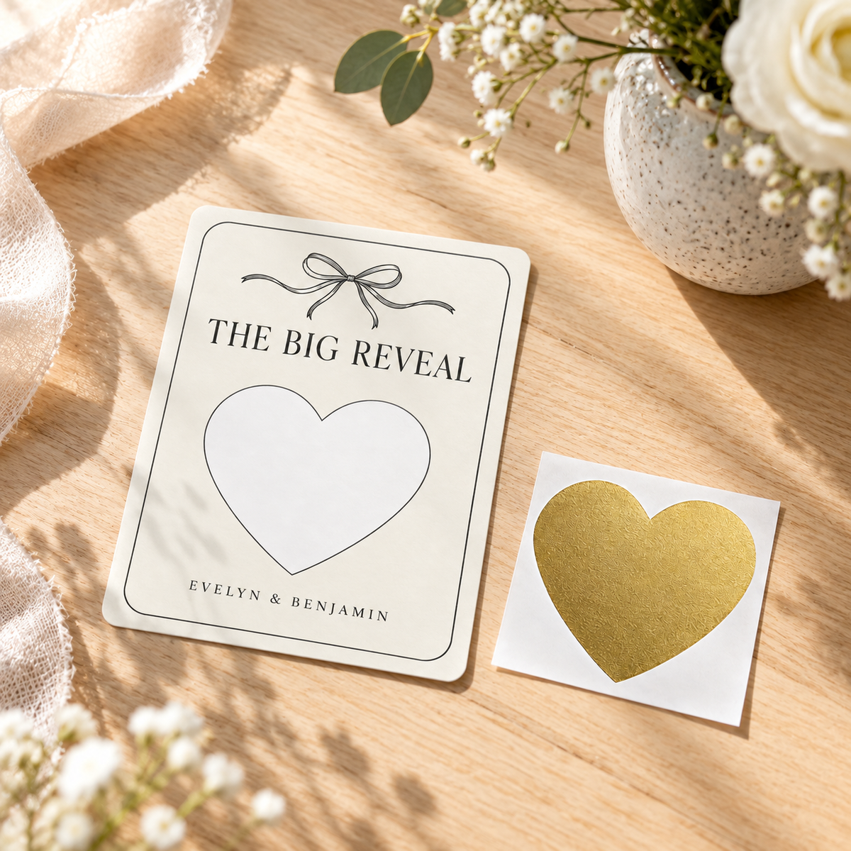 Minimal Big Reveal personalized scratch-off card - preparation desk