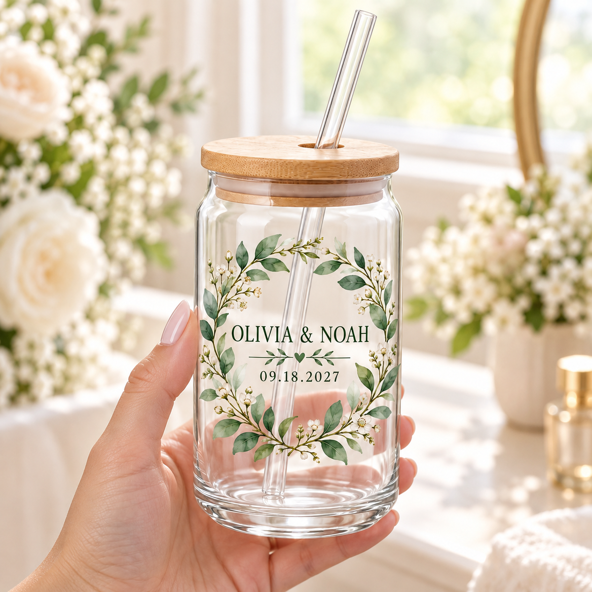 Sage Wreath personalized sipper glass - handheld lifestyle
