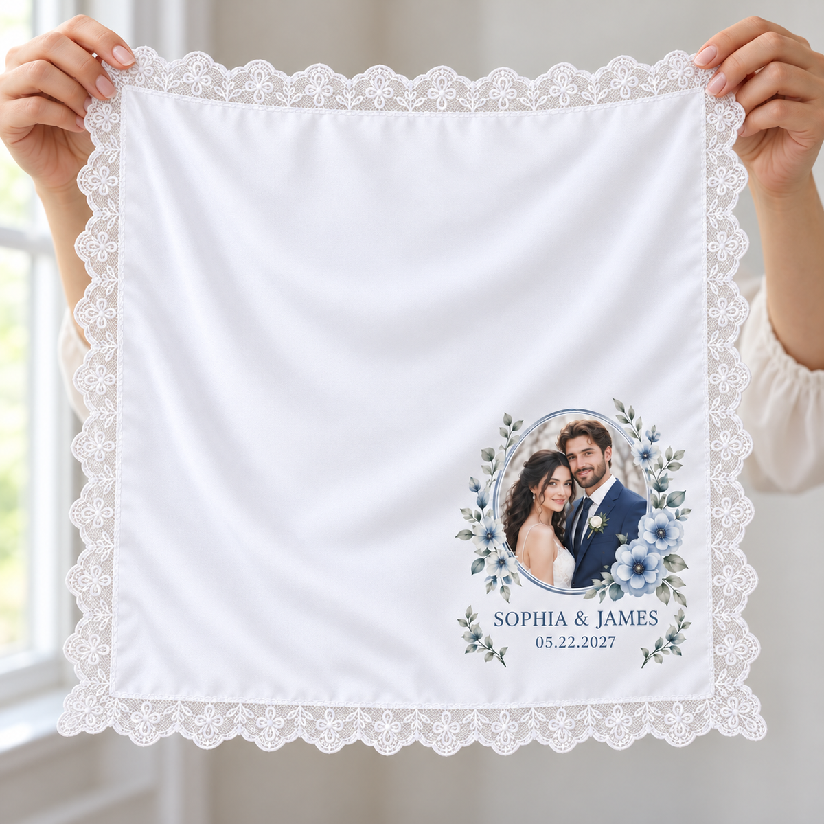 Blue Floral Photo printed satin wedding handkerchief - hands