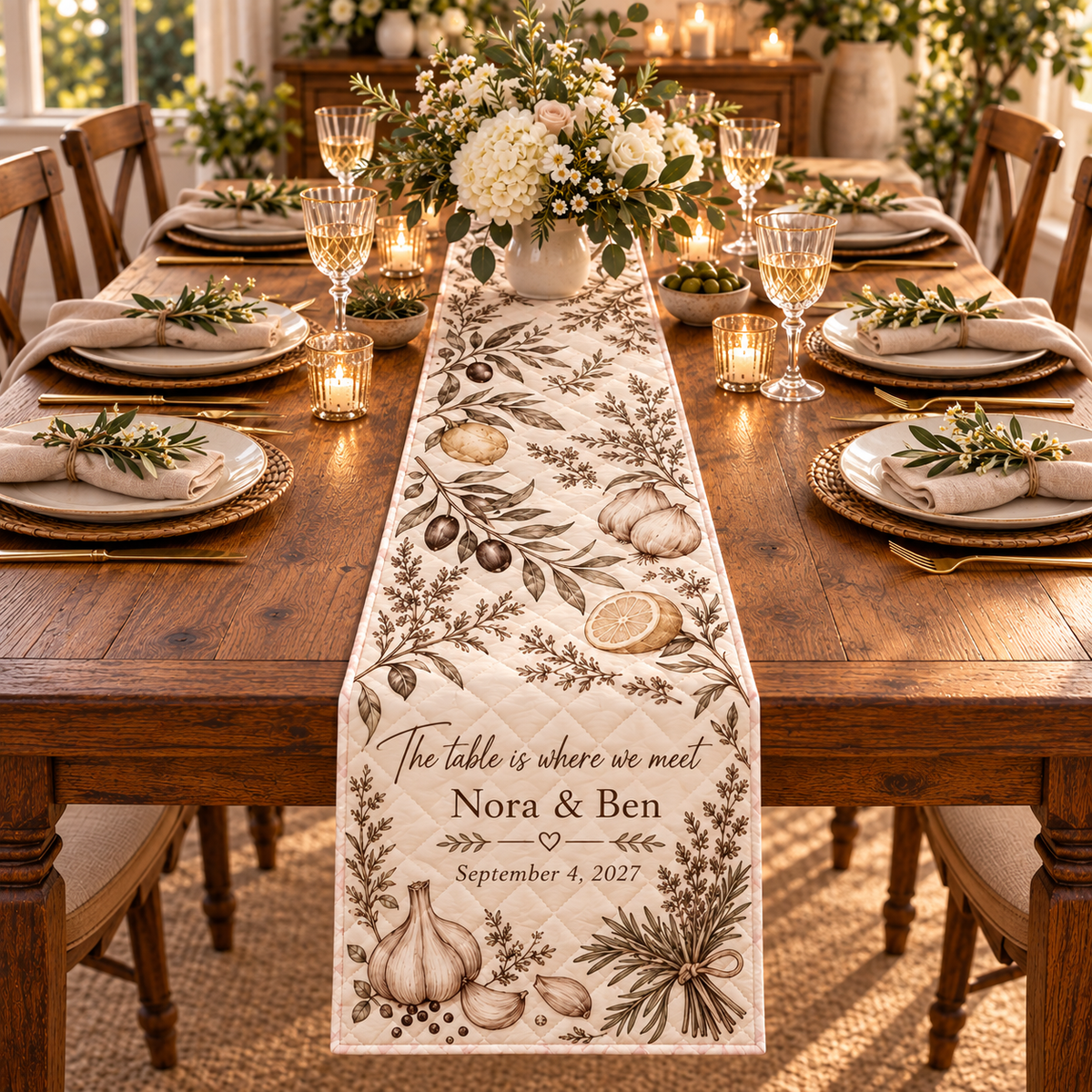 Family Recipe Dinner Quilt Table Runner; variant setting. One Day for Lifetime