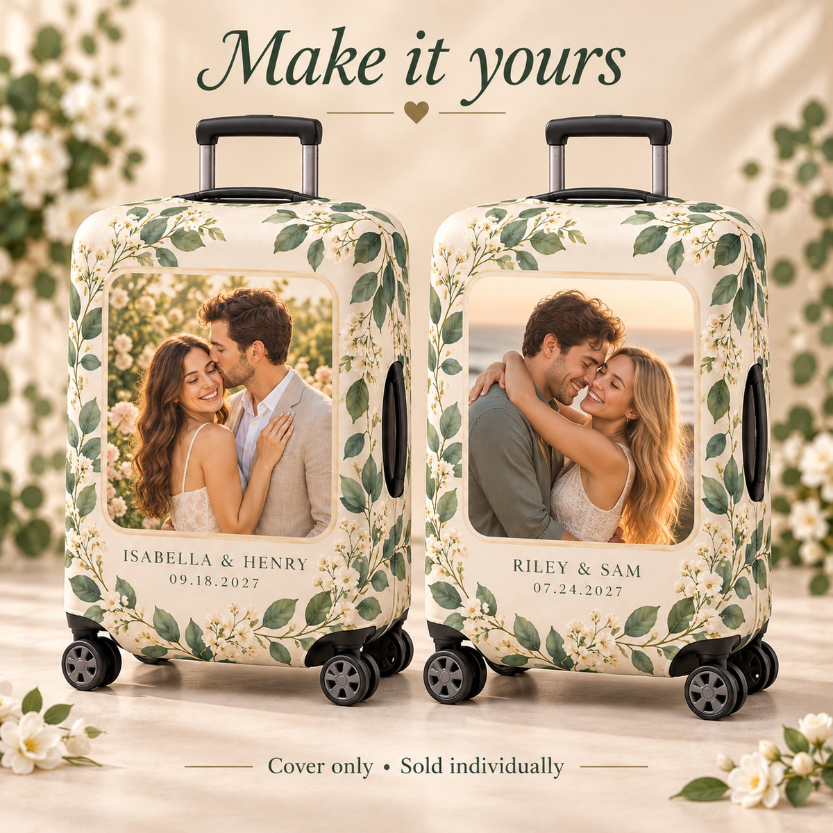 Engagement Photo Keepsake Luggage Cover; personalized examples. One Day for Lifetime