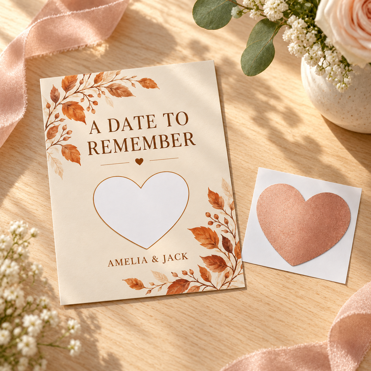 Autumn Date personalized scratch-off card - preparation desk