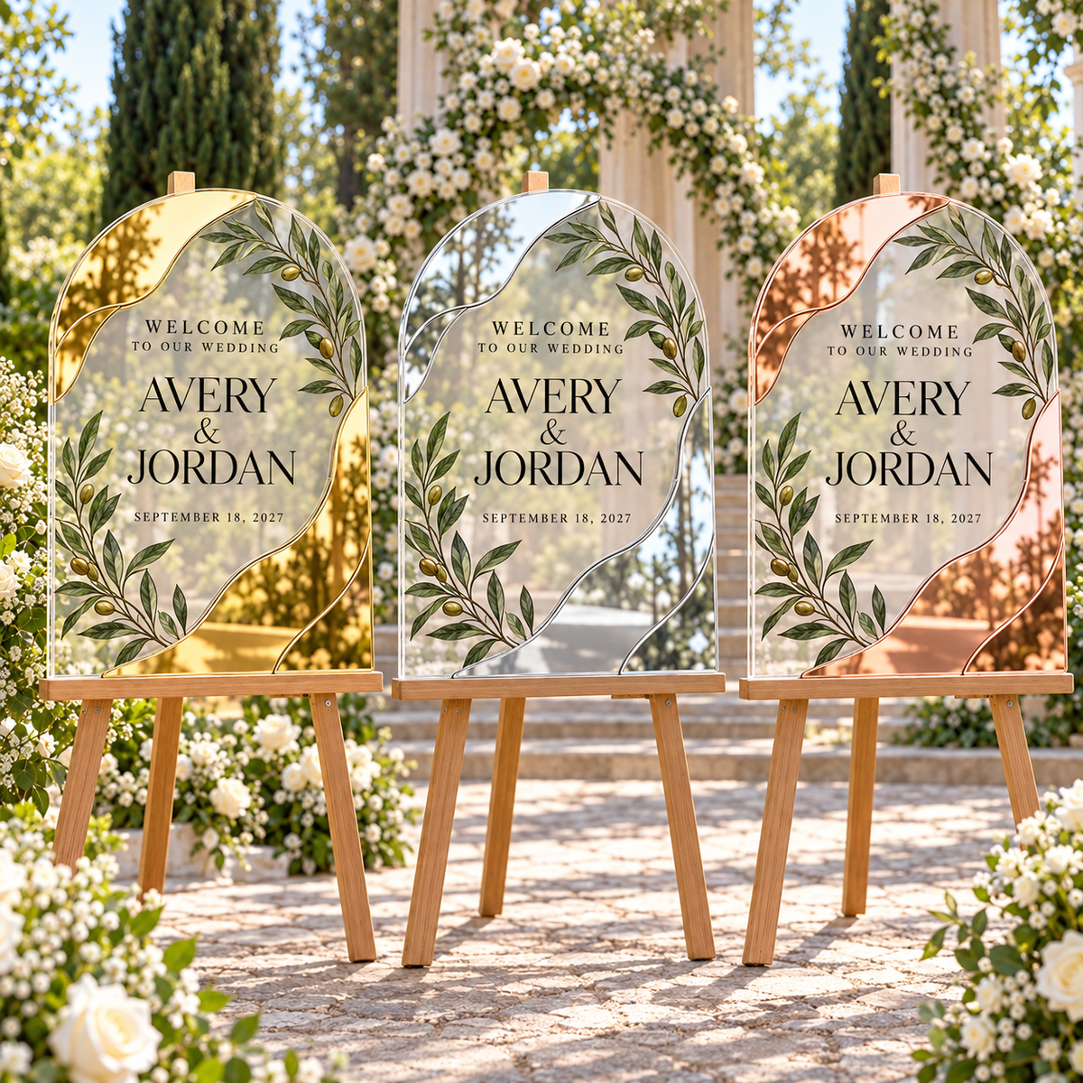 Olive Vow Personalized Mirror Acrylic Welcome Sign; color variants. One Day for Lifetime