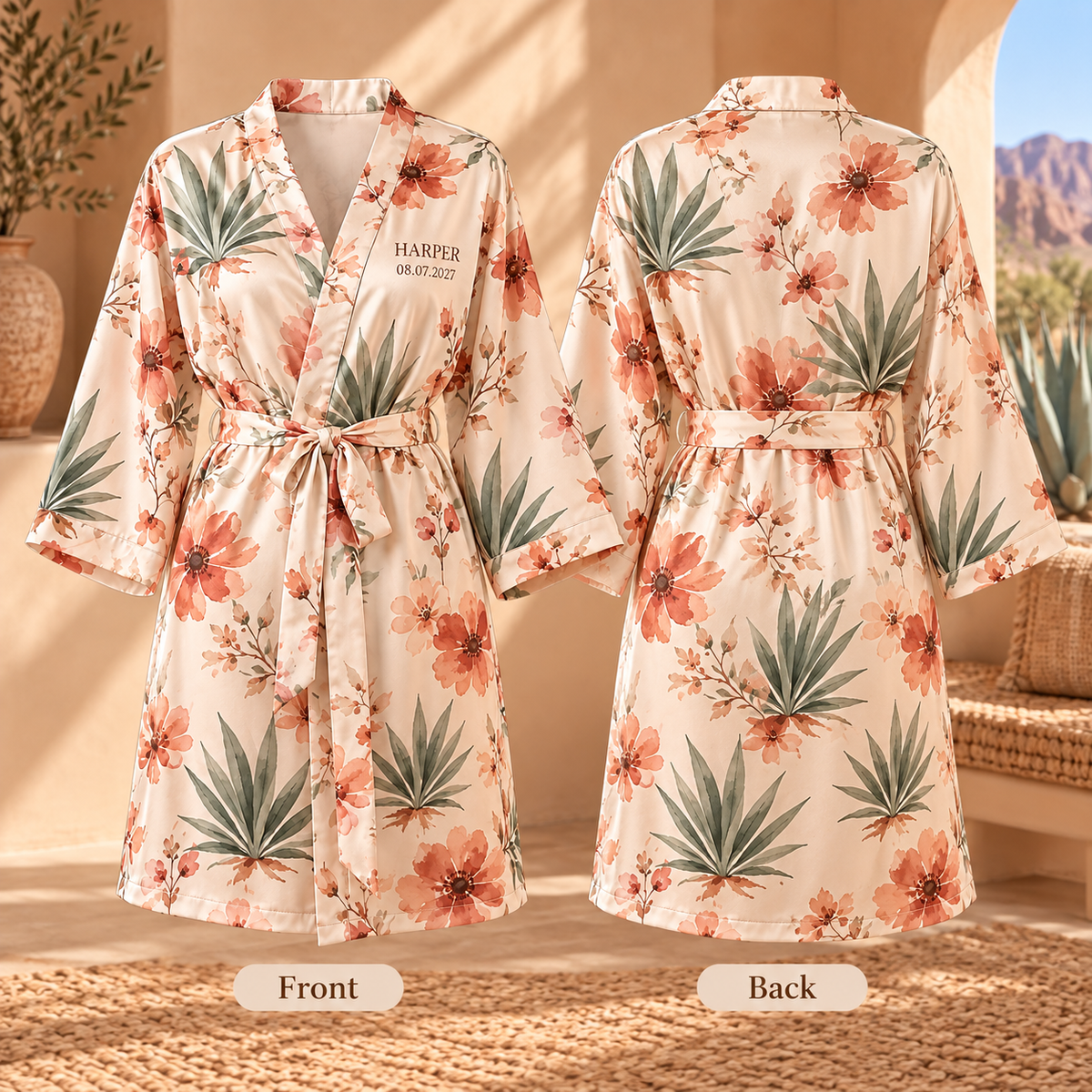 Desert Bloom Personalized Satin Robe; front back. One Day for Lifetime