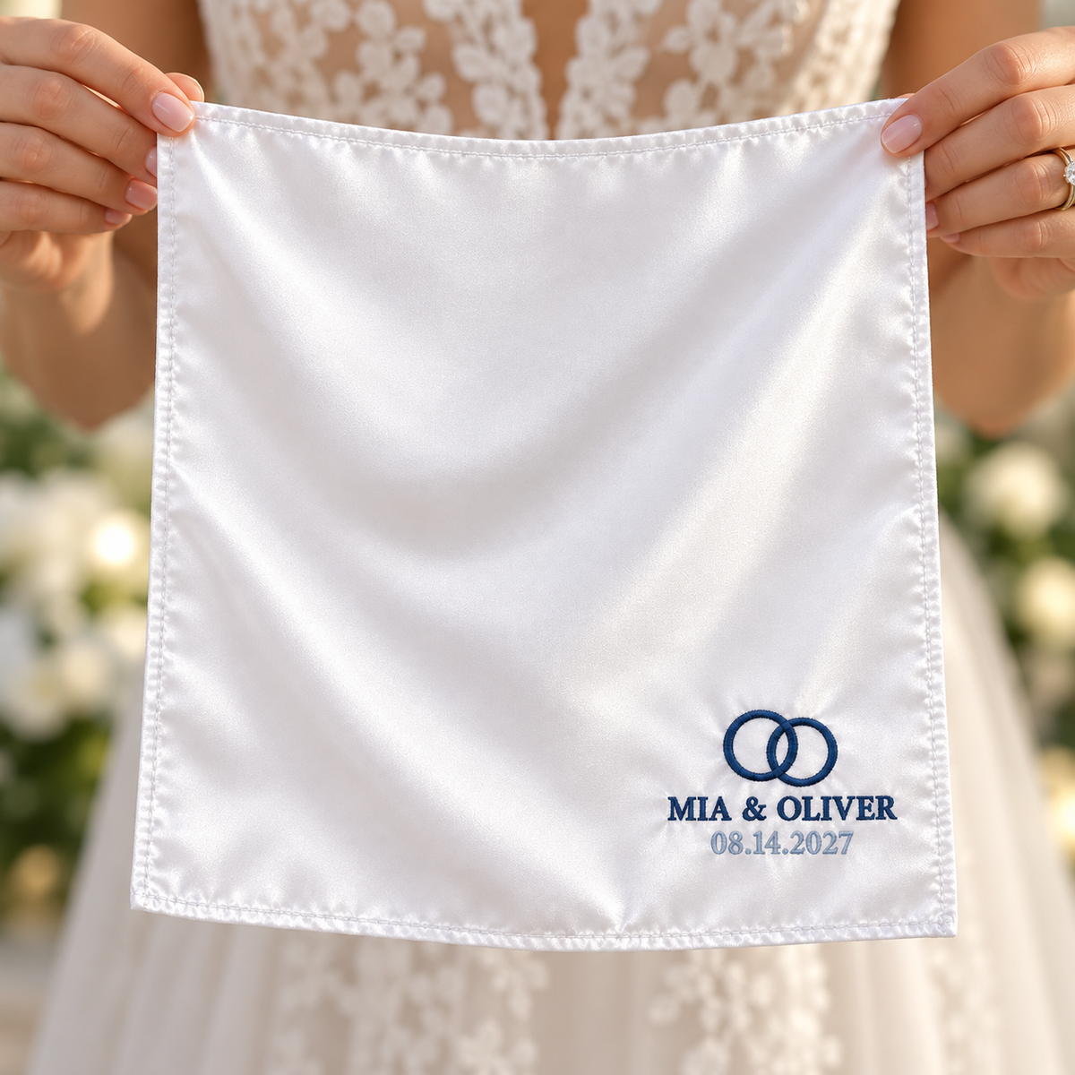 Navy Rings embroidered satin wedding handkerchief - hands scale