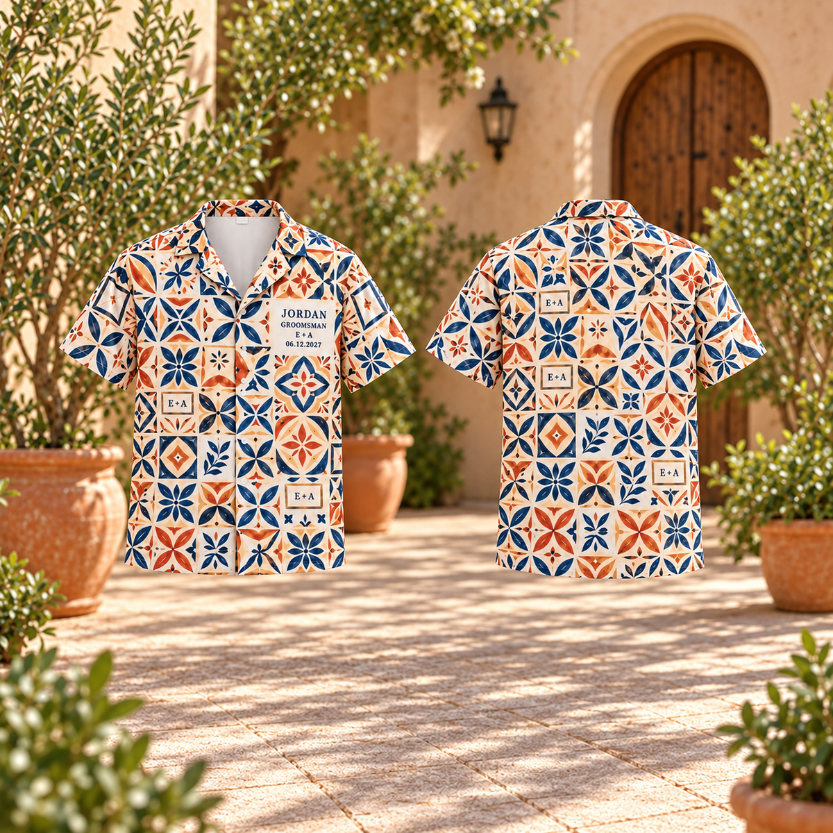 Wedding Party Name Mosaic Hawaiian Shirt; front back. One Day for Lifetime