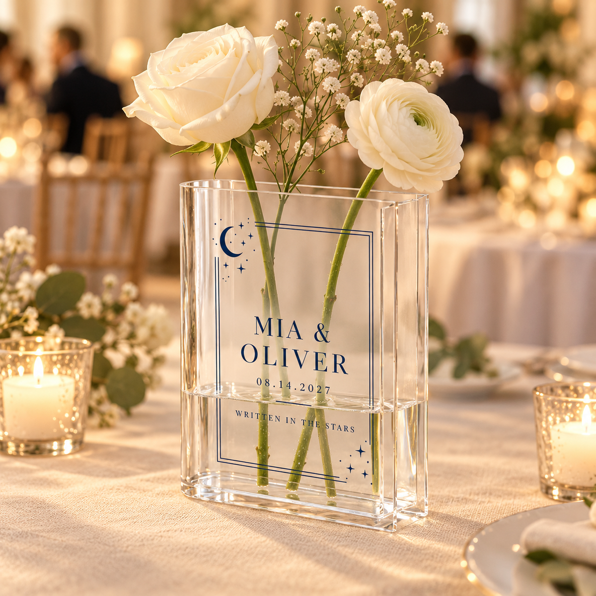 Starry Night personalized acrylic book vase - wedding table
