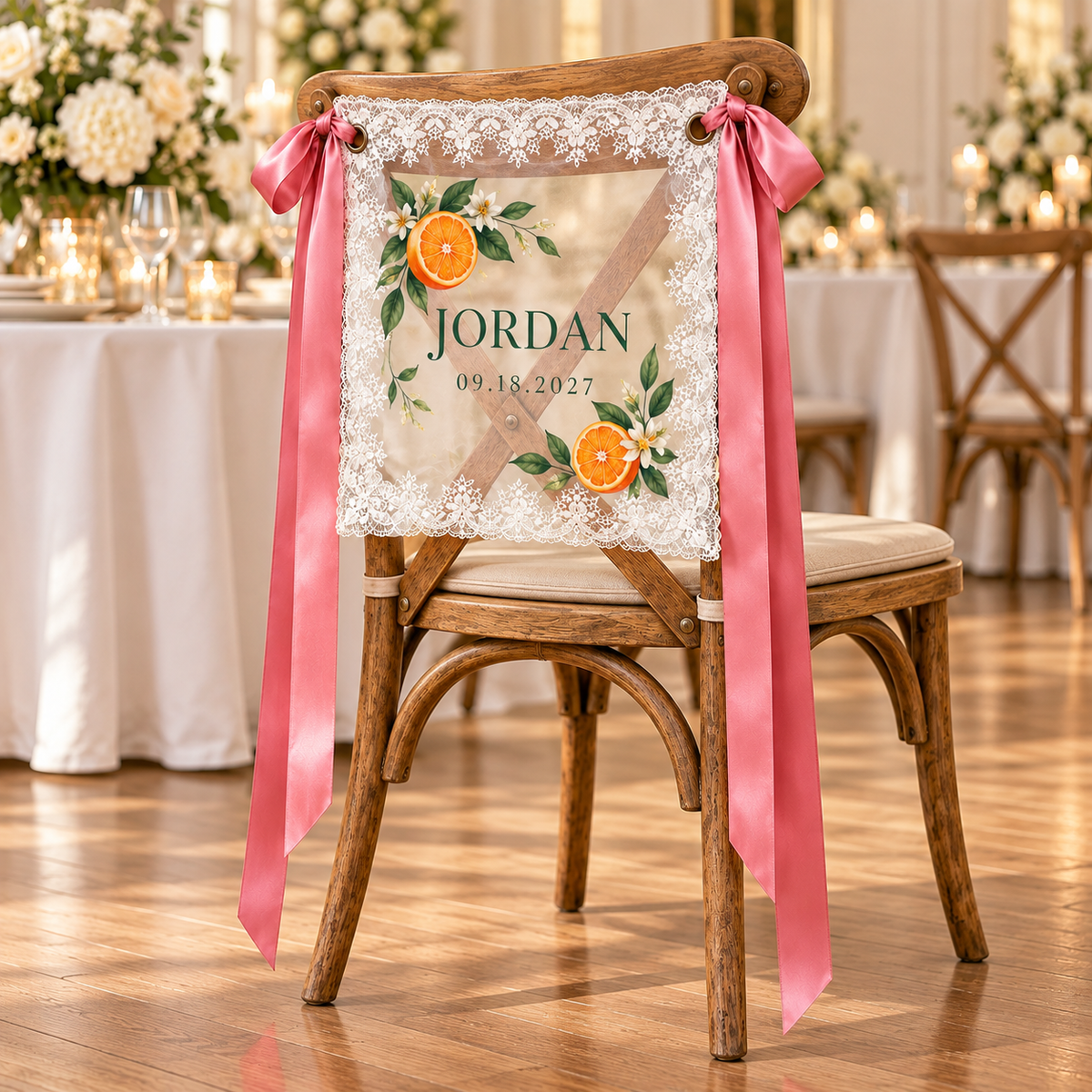 Citrus Gathering Personalized Lace Chair Banner; right. One Day for Lifetime