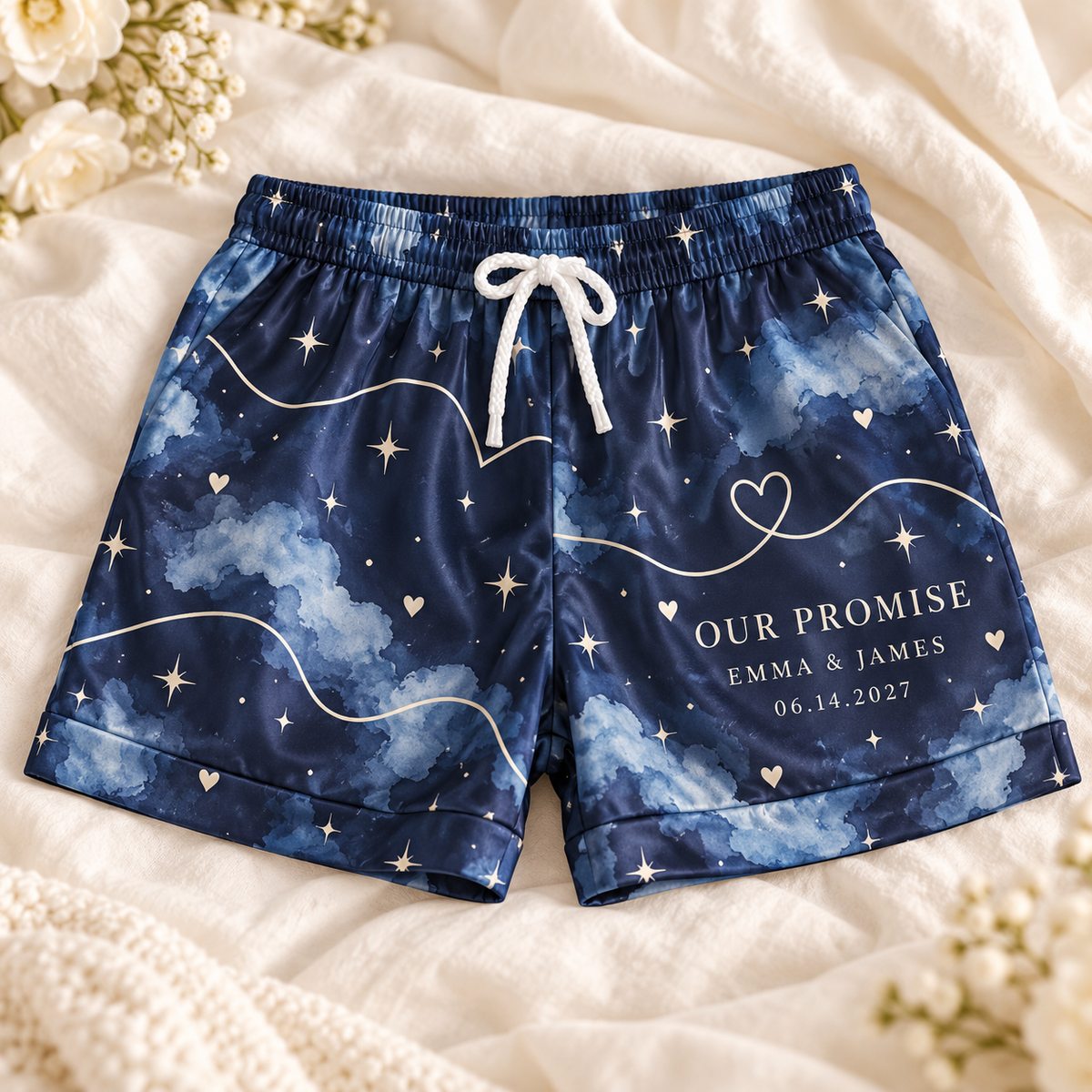 Our Promise Vow Lines Personalized Satin Pajama Shorts; hero. One Day for Lifetime