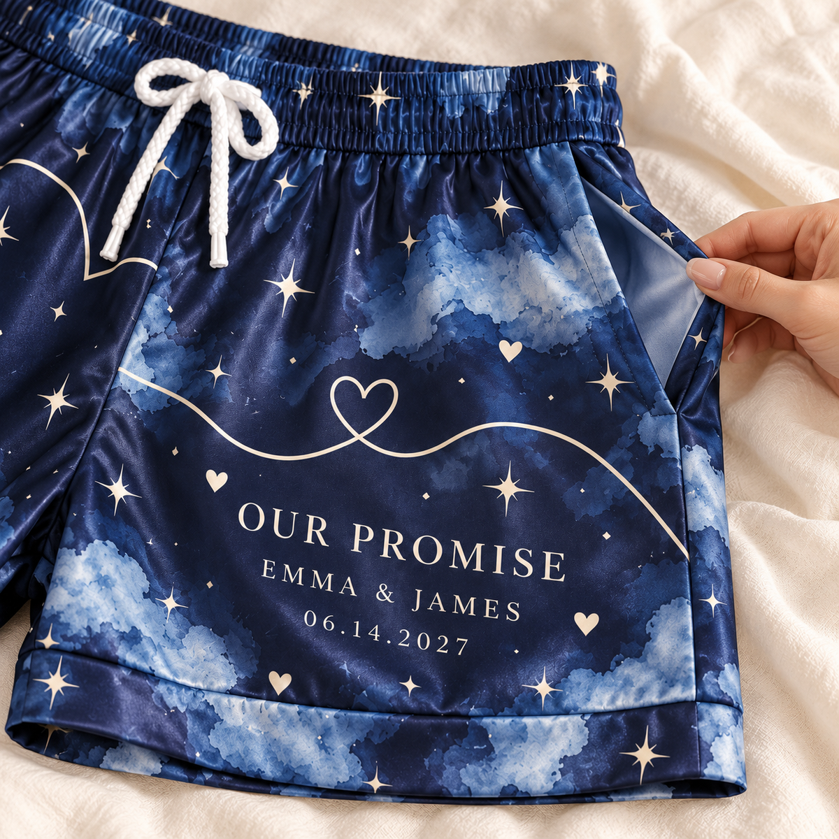 Our Promise Vow Lines Personalized Satin Pajama Shorts; material detail. One Day for Lifetime