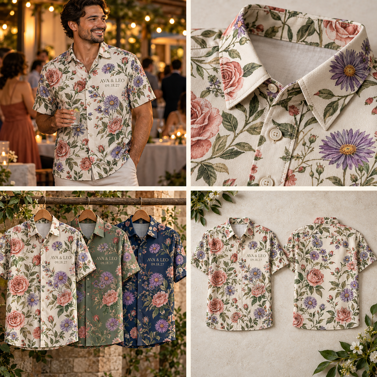 Birth Flower Garden Short Sleeve Button-Down Shirt; multi product view. One Day for Lifetime