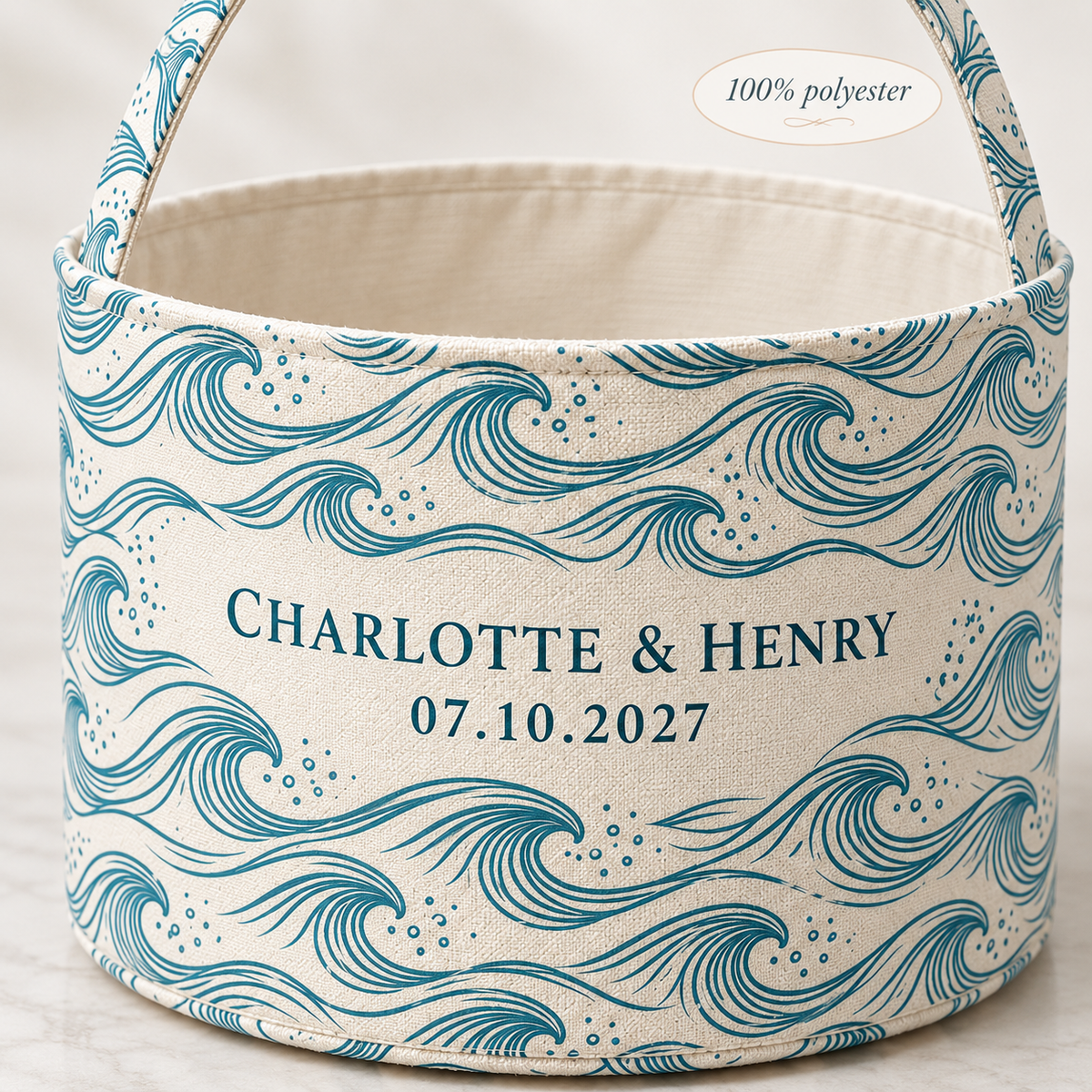 Teal Coastal Waves personalized fabric gift basket - detail