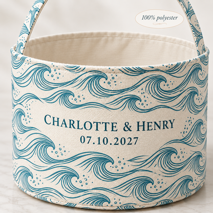 Teal Coastal Waves personalized fabric gift basket - detail