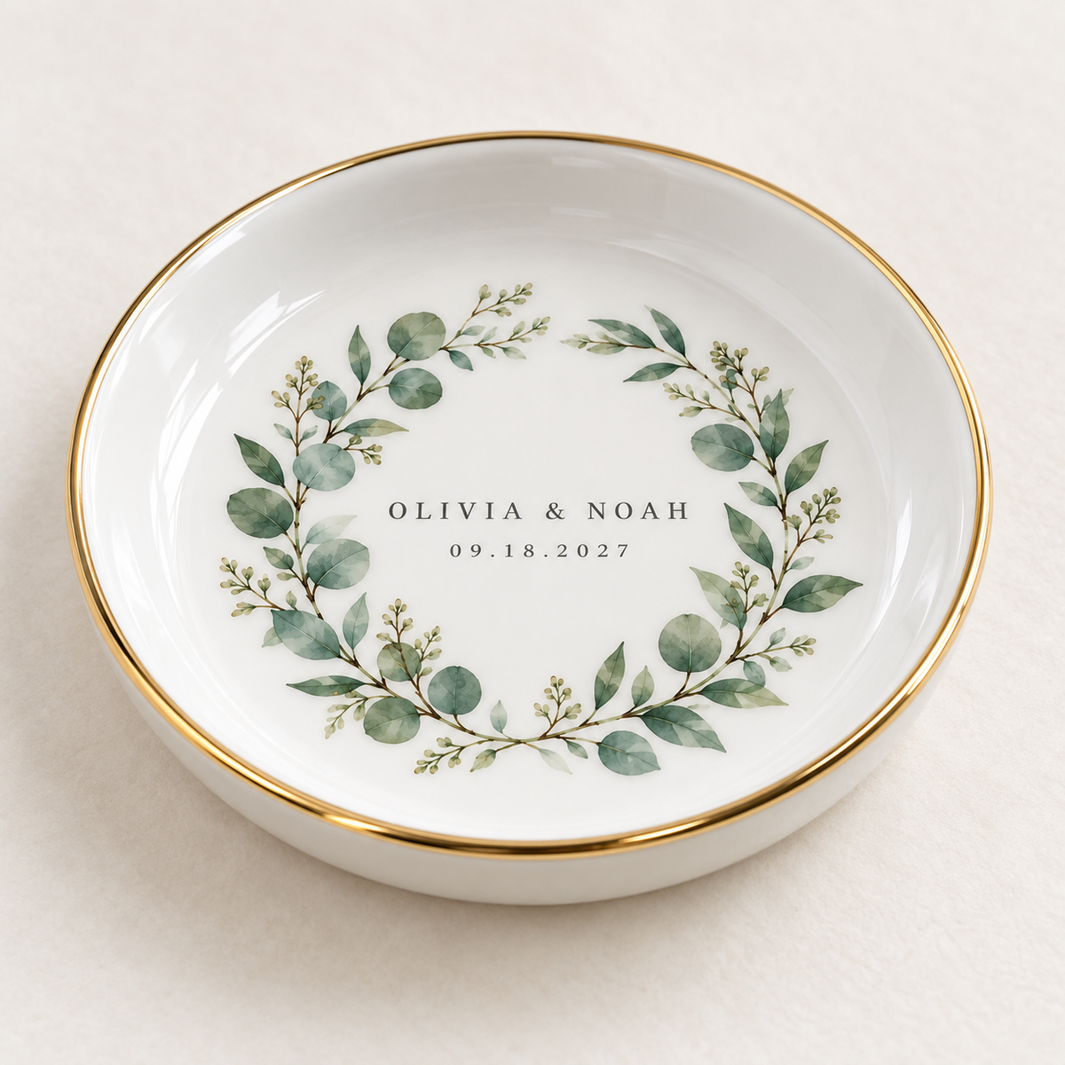 Sage Wreath personalized ceramic jewelry dish - detail