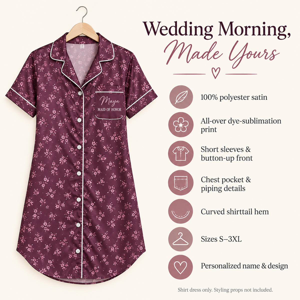 Plum Bridal Party | Personalized Satin Pajama Shirt Dress - information