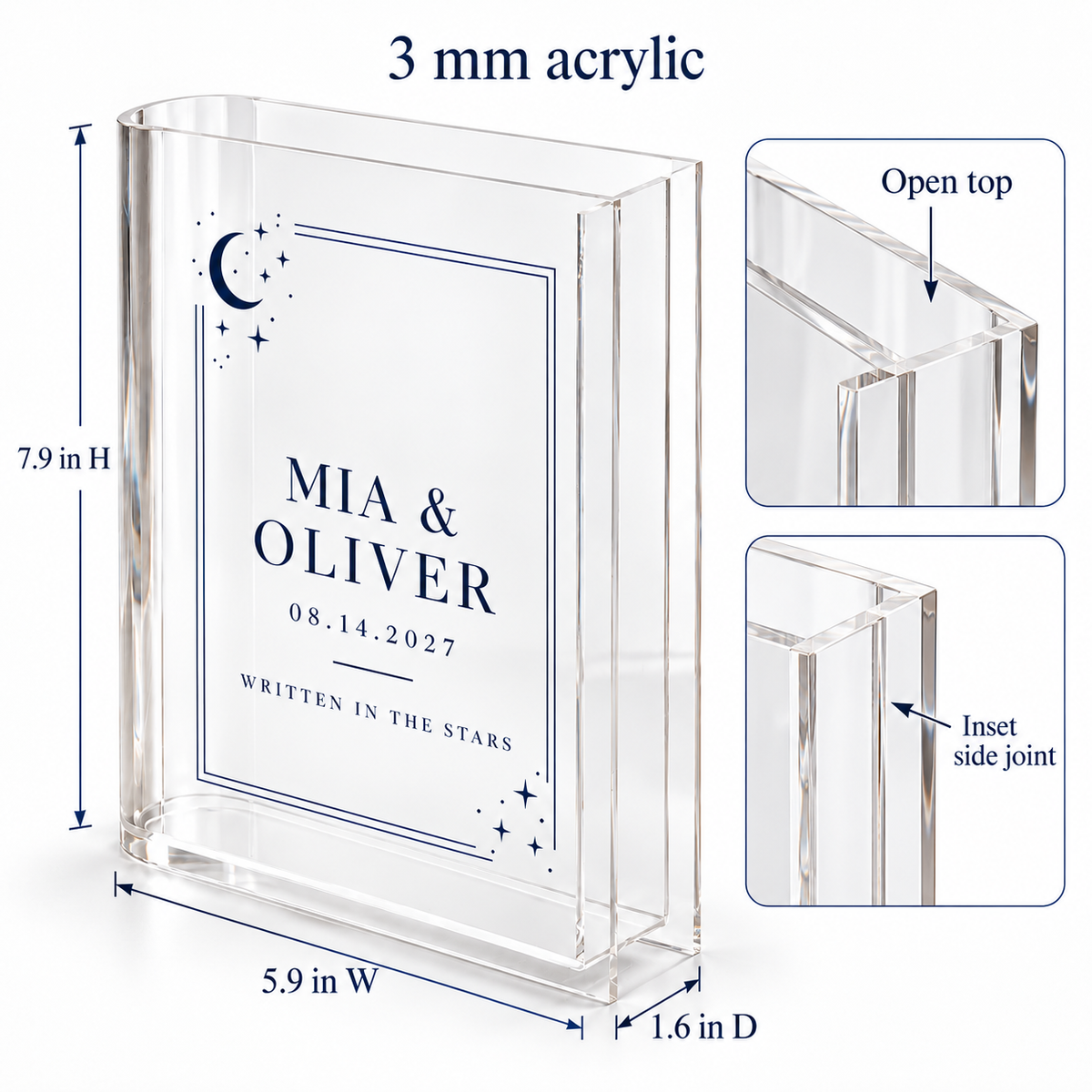 Starry Night personalized acrylic book vase - construction