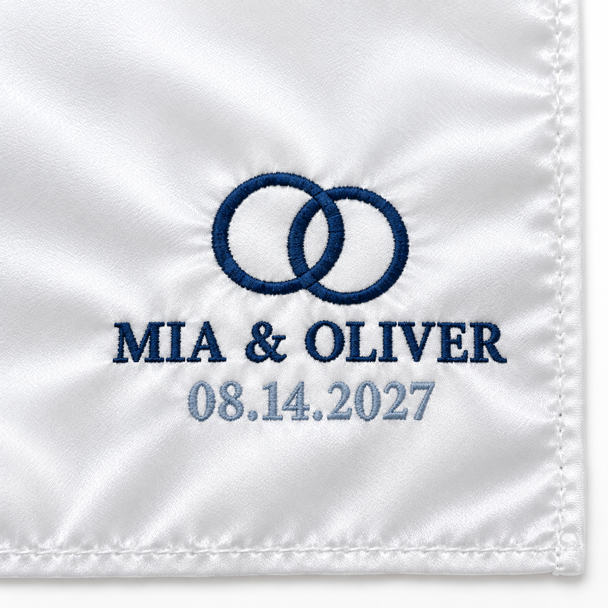 Navy Rings embroidered satin wedding handkerchief - stitch detail