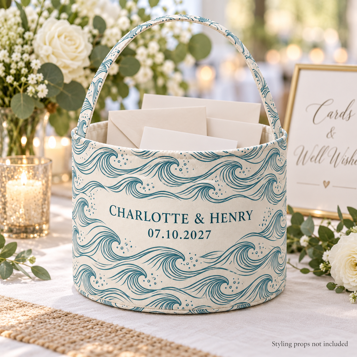 Teal Coastal Waves personalized fabric gift basket - welcome table