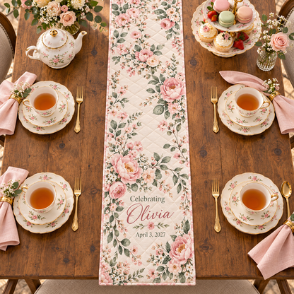Bridal Shower Tea Quilt Table Runner; overhead context. One Day for Lifetime