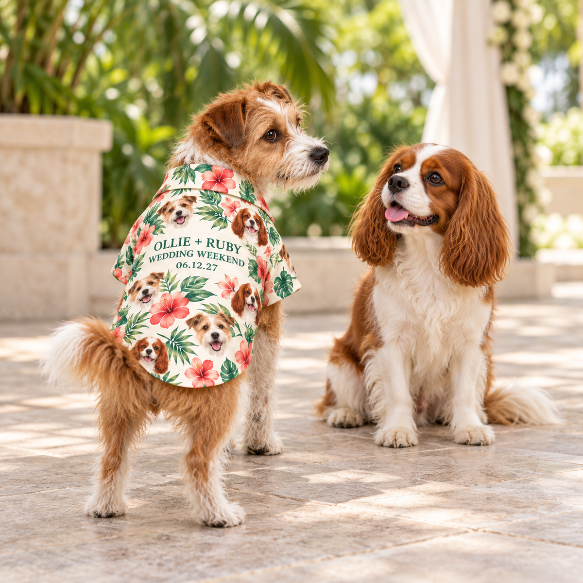 Two-Pet Tropical Portrait Pet Hawaiian Shirt; lifestyle context. One Day for Lifetime
