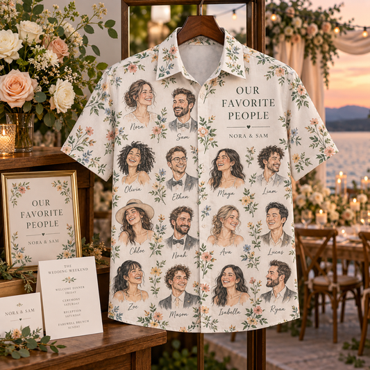 Wedding Party Portraits Short Sleeve Button-Down Shirt; hero. One Day for Lifetime