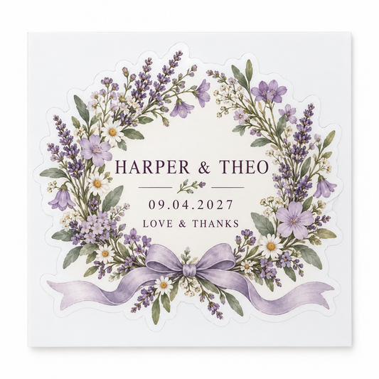 Lilac Meadow personalized wedding sticker - hero