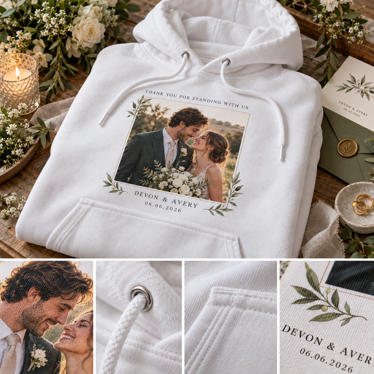 Newlywed Thank You Hoodie; print material detail. One Day for Lifetime