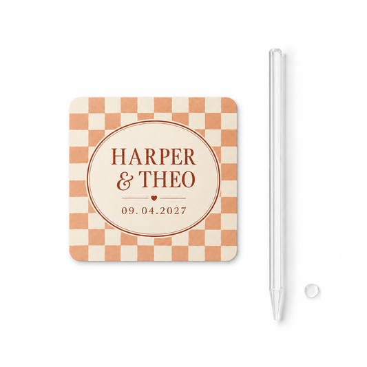 Retro Peach Checkerboard personalized wedding cupcake topper - hero
