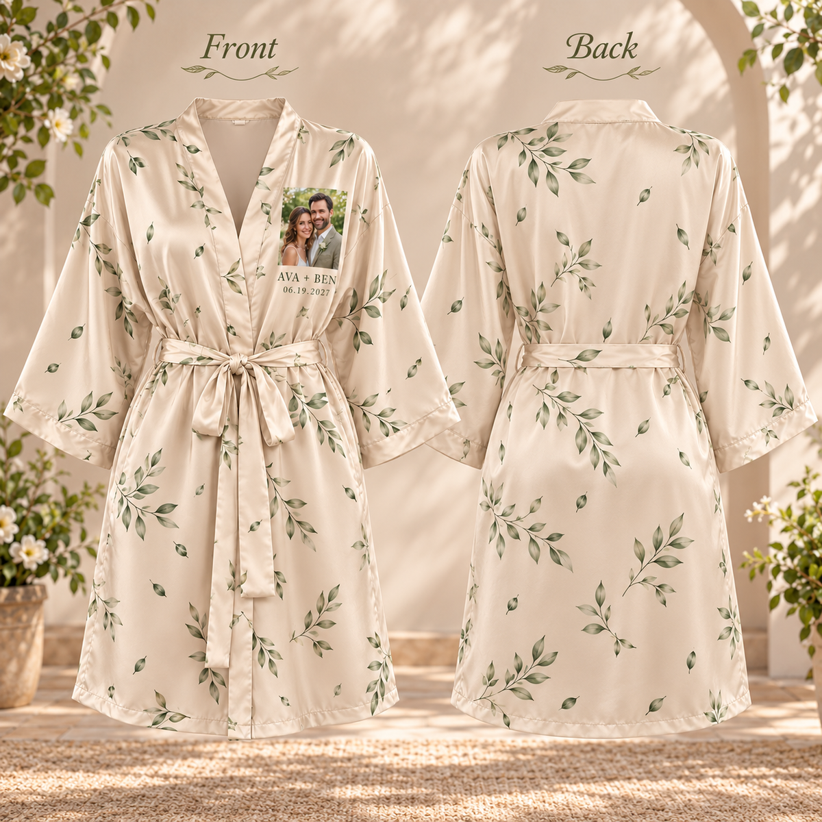 Our Portrait Personalized Satin Robe; front back. One Day for Lifetime