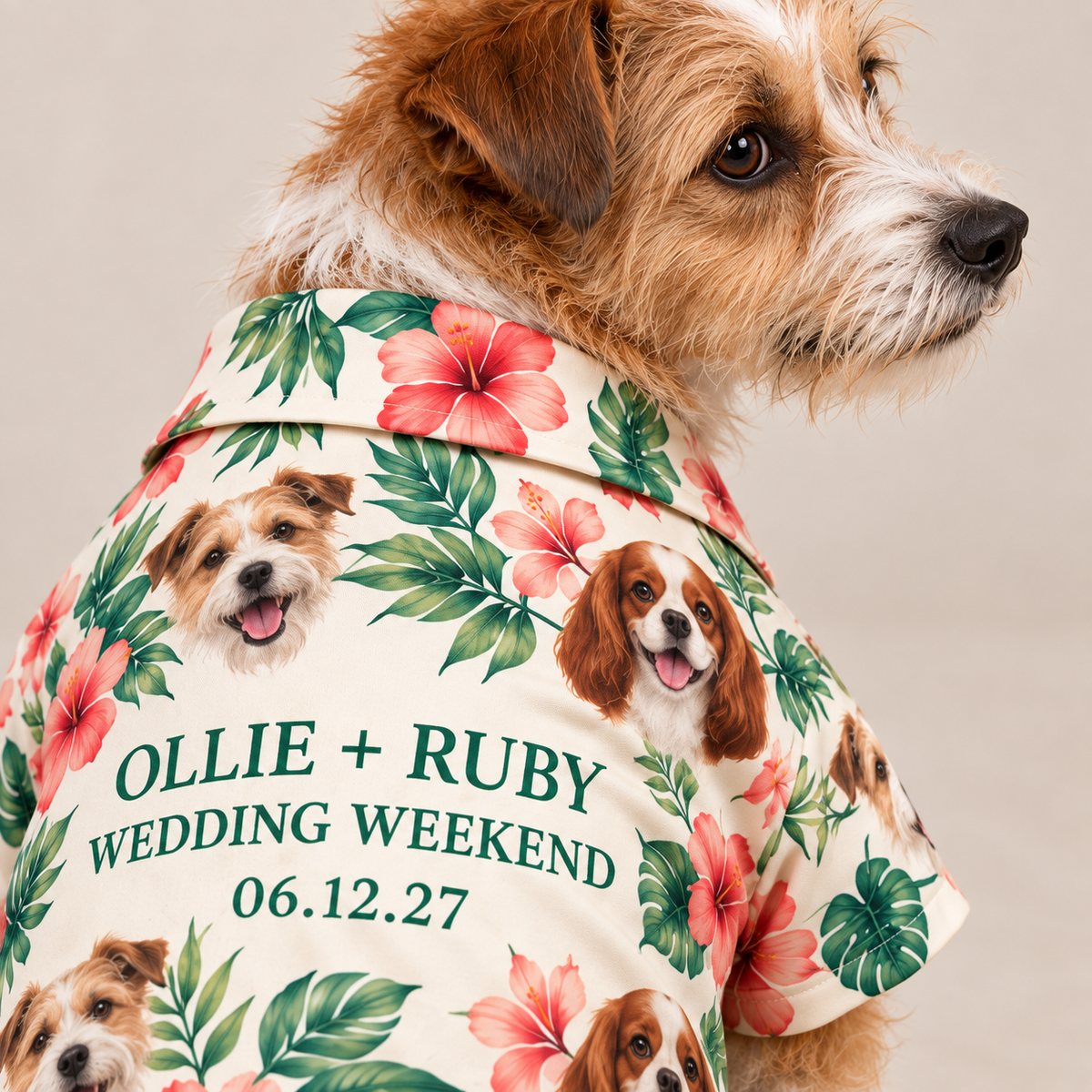 Two-Pet Tropical Portrait Pet Hawaiian Shirt; material detail. One Day for Lifetime