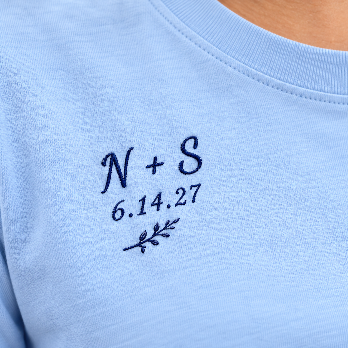 Garden Bridesmaid Initials Embroidered T-Shirt; stitch detail. One Day for Lifetime