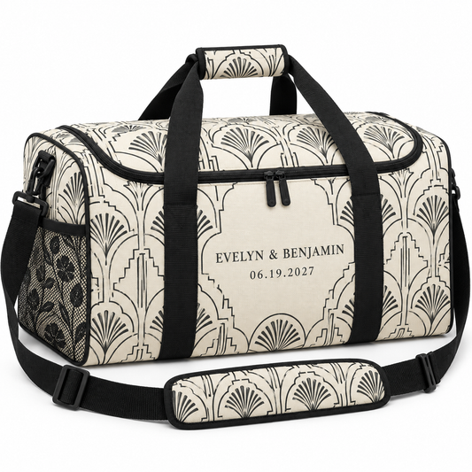 Ivory Black Art Deco personalized travel duffel bag - hero