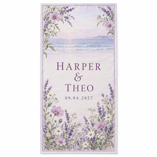 Lilac Seaside Wildflower personalized wedding beach towel - front