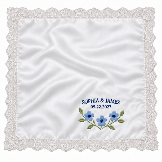 Blue Blossoms embroidered satin wedding handkerchief - hero