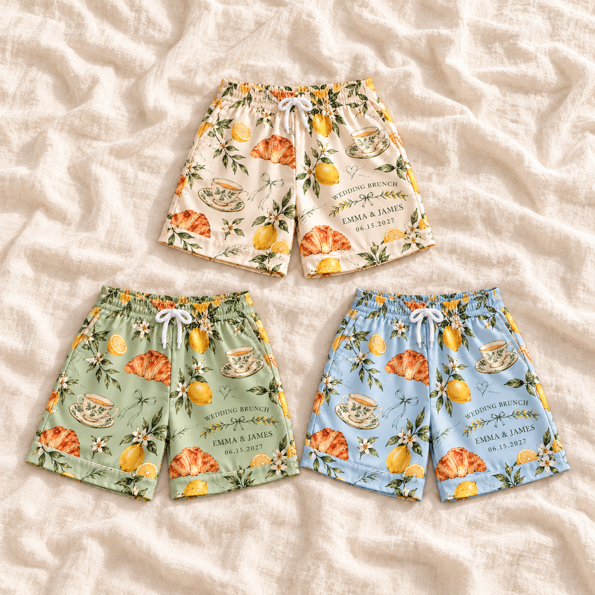Family Recipe Wedding Brunch Personalized Satin Pajama Shorts; colorway variants. One Day for Lifetime