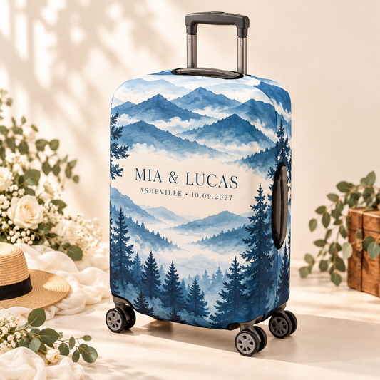 Mountain Wedding Escape Luggage Cover; hero. One Day for Lifetime