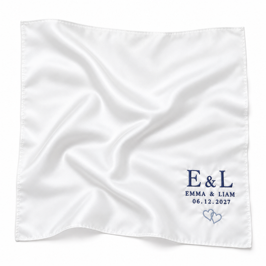 Linked Hearts embroidered satin wedding handkerchief - hero