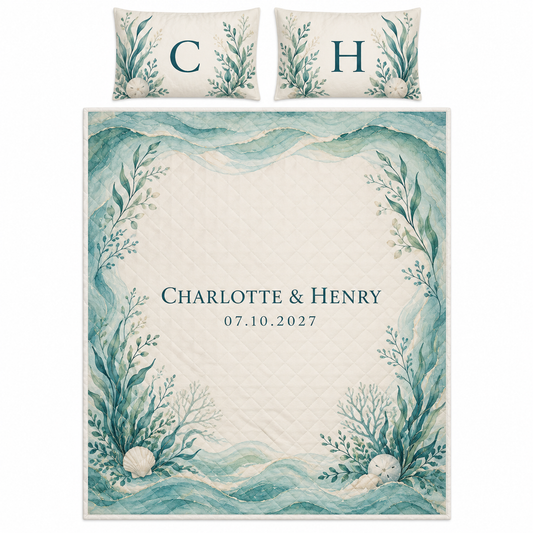 Teal Coastal Wave personalized quilt bedding set - hero