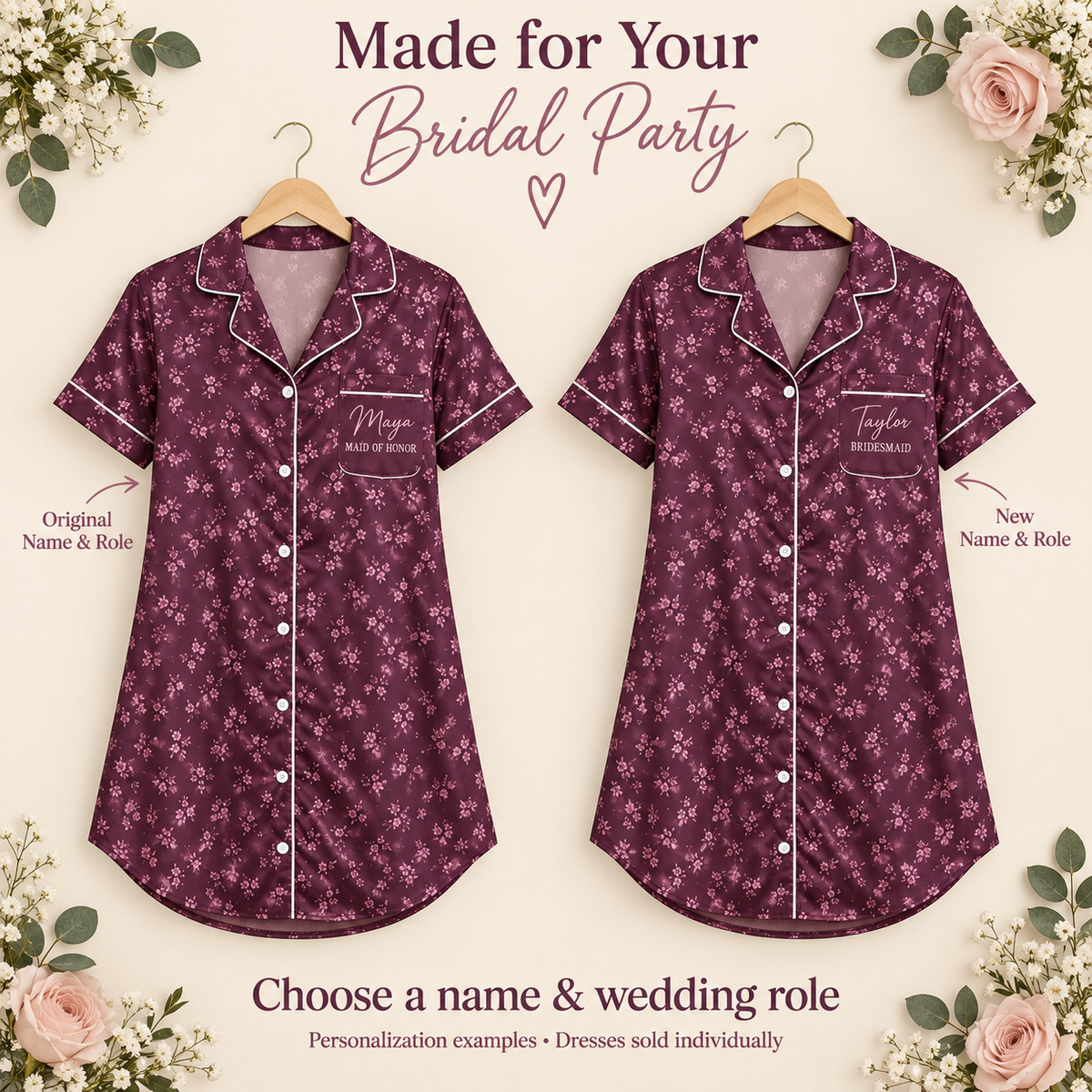 Plum Bridal Party | Personalized Satin Pajama Shirt Dress - personalization