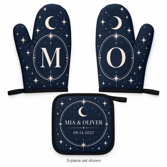 Navy Moon Stars personalized oven mitt and pot holder - hero