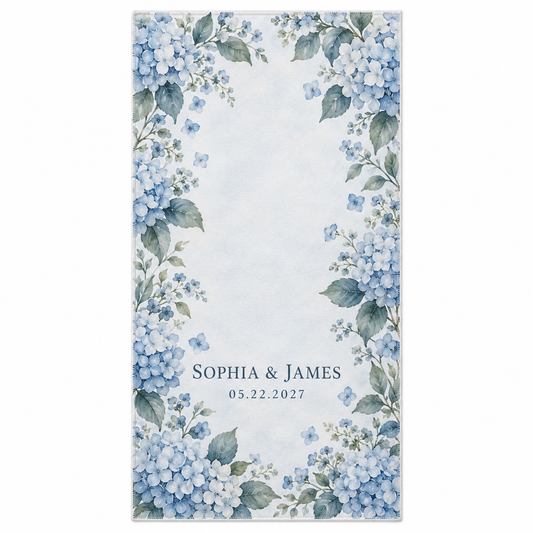 Dusty Blue Hydrangea personalized wedding hand towel - hero