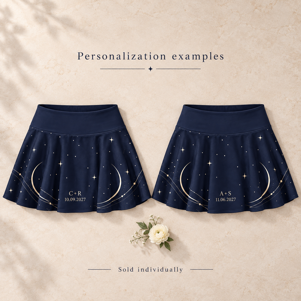 Moonlit Match Tennis Skirt; personalization examples. One Day for Lifetime