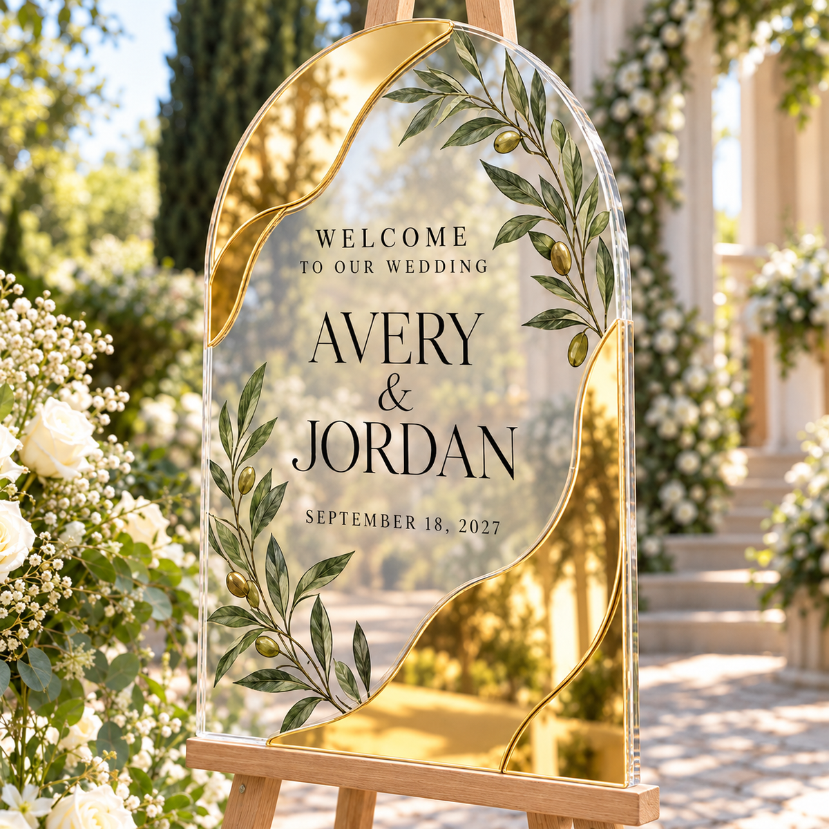 Olive Vow Personalized Mirror Acrylic Welcome Sign; right angle. One Day for Lifetime