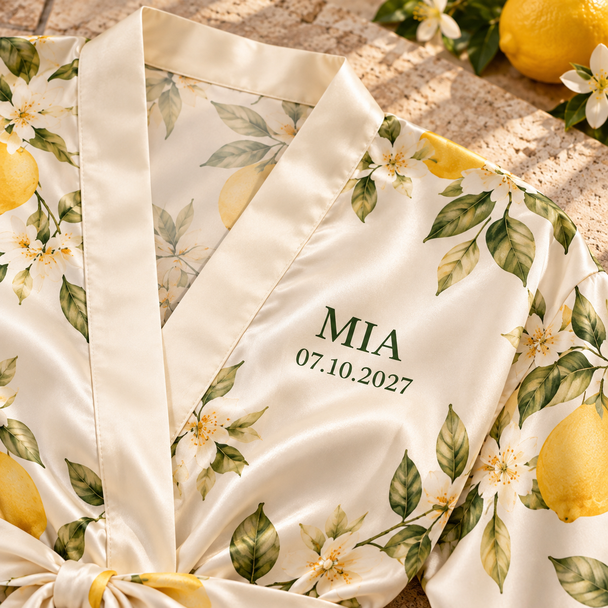 Citrus Brunch Personalized Satin Robe; print detail. One Day for Lifetime